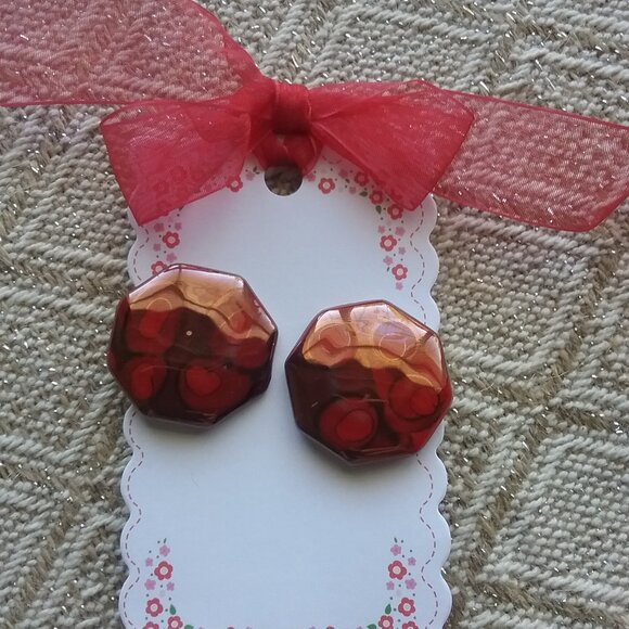 Retro 80s Clip-On Earrings Dark Red Mottled Pattern - Ceramic - Picture 2 of 3